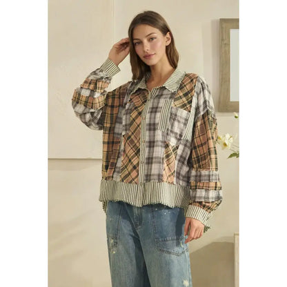 Washed patchwork plaid and stripe button-front oversized shirt in brown and green tones