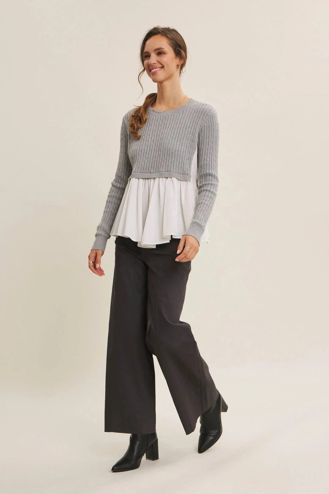 Sweater with Poplin Peplum Hem
