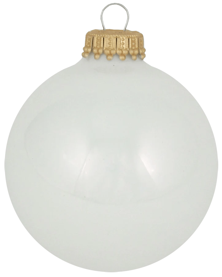 Shiny white glass Christmas ball ornament with decorative gold cap and metal hook, front view