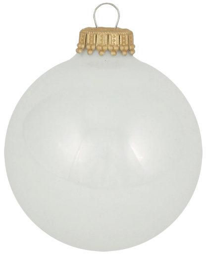 Shiny white glass Christmas ball ornament with decorative gold cap and metal hook, front view
