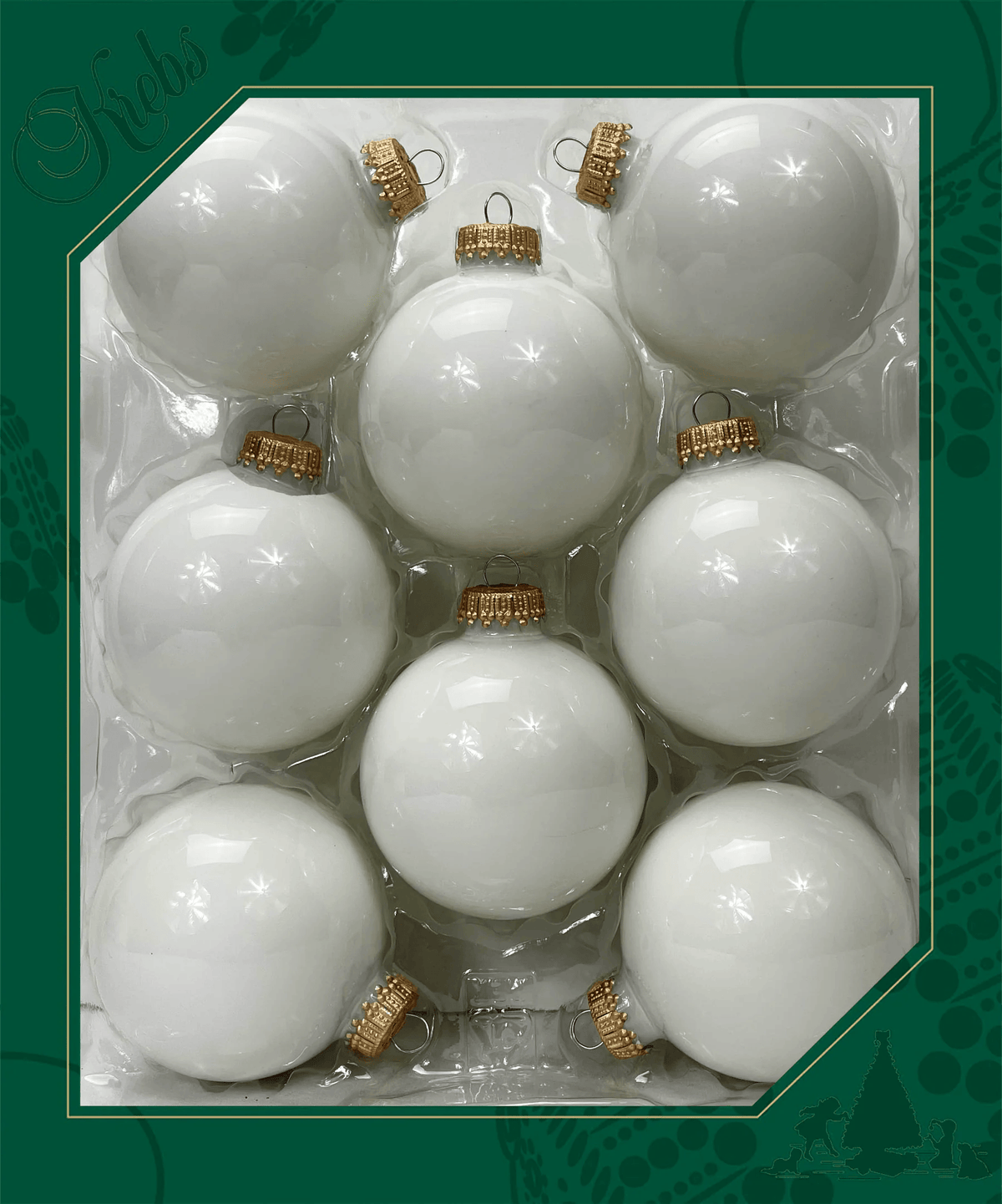 Eight glossy white glass ball ornaments with gold caps arranged in a clear tray packaging