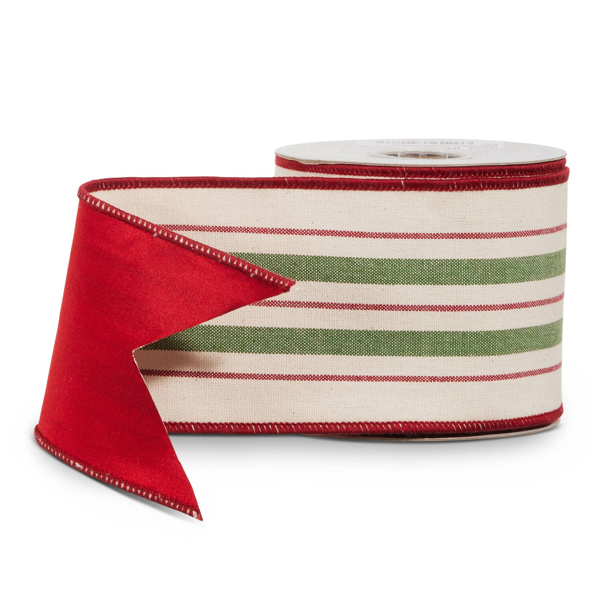 Wide wired ribbon roll with cream fabric, red and green stripes, and red velvet edges