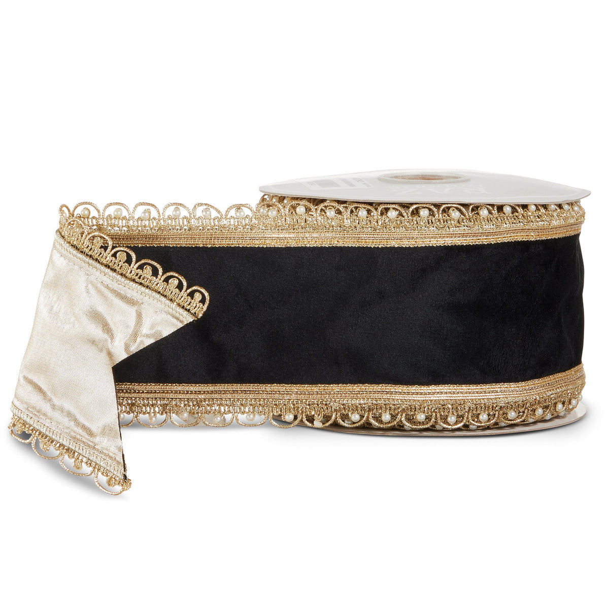 Roll of wide black velvet wired ribbon with ornate gold and pearl scalloped edges