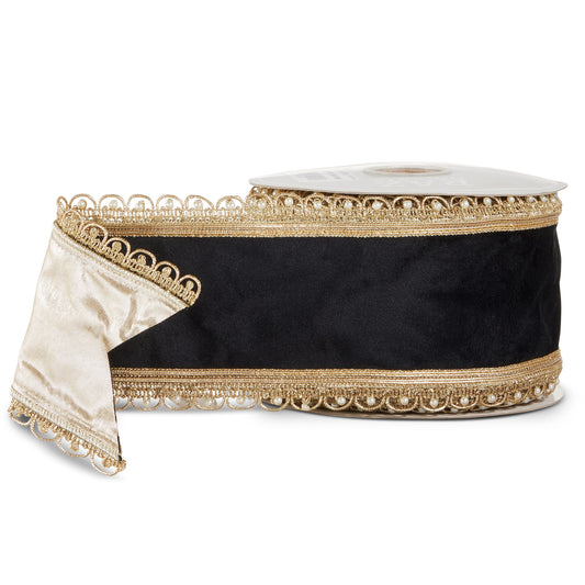 Roll of wide black velvet wired ribbon with ornate gold and pearl scalloped edges