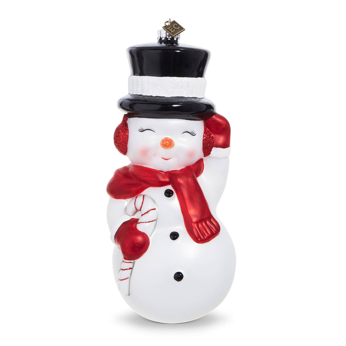 Smiling snowman ornament with black top hat, red scarf, earmuffs, and candy cane, front view