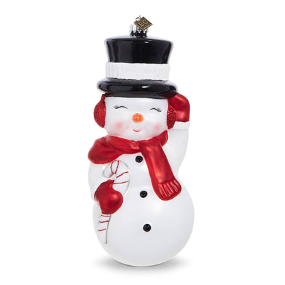 Smiling snowman ornament with black top hat, red scarf, earmuffs, and candy cane, front view