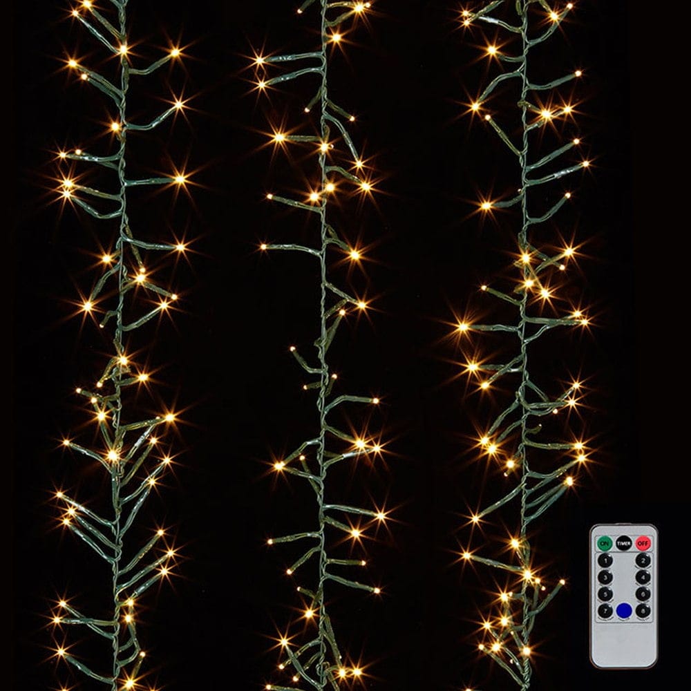 Three strands of cluster garland lights on green wire with remote control, warm white LEDs
