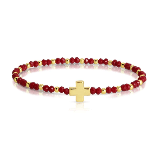 Red crystal and gold bead stretch bracelet with gold cross charm