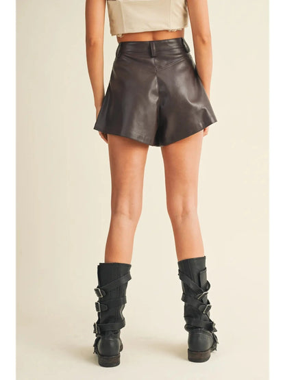 Flared Leather Shorts - Dark Oak