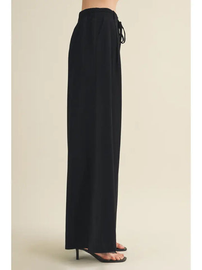 Drawstring Waist Pleated Wide-Leg Trousers