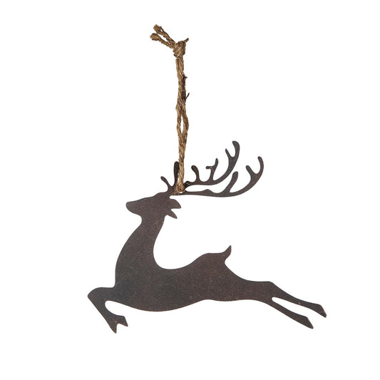 Rustic dark brown iron leaping deer Christmas ornament with jute twine hanger