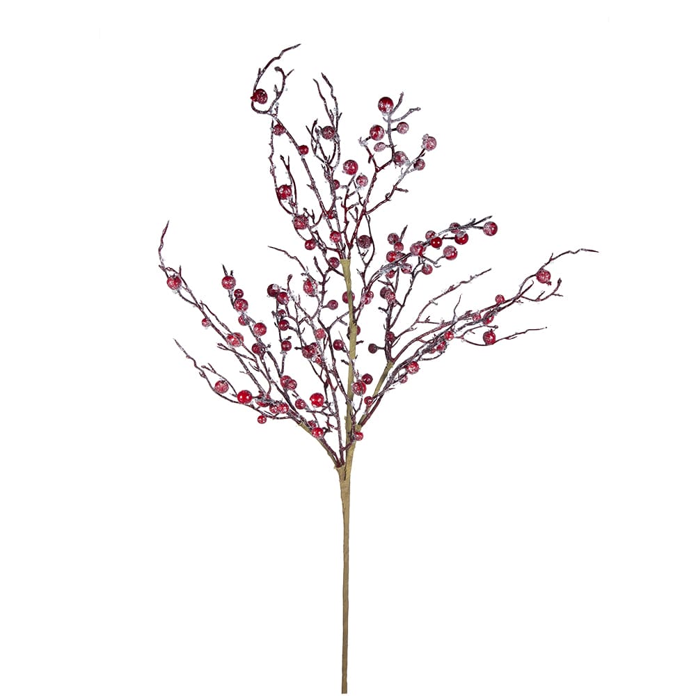 Artificial red berry spray with frosted branches on a single stem, 33 inches tall