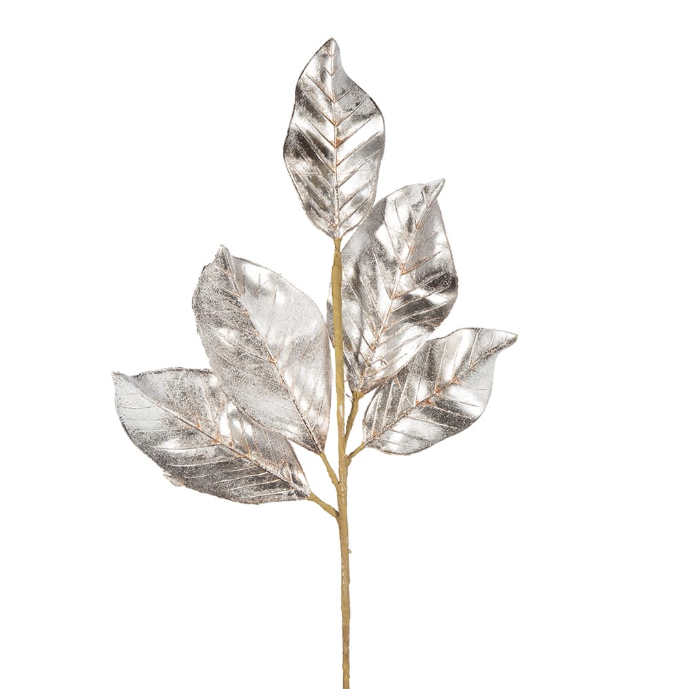 Metallic champagne magnolia leaf spray with six leaves on a natural stem