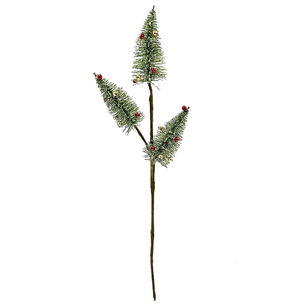 Artificial frosted pine tree spray with red and gold berry accents on brown stem