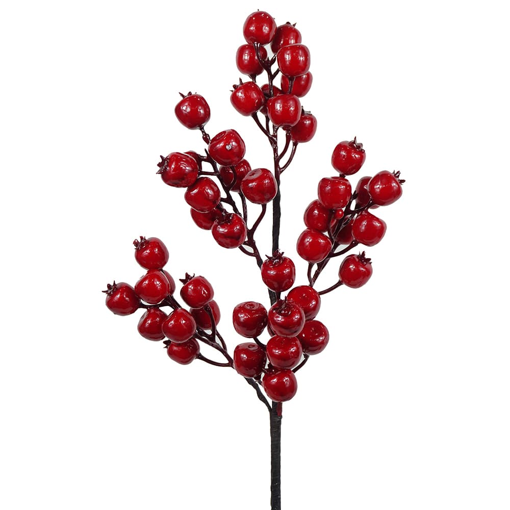 Artificial red berry spray branch with glossy clustered berries on dark stem