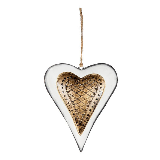 White and gold metal heart-shaped hanging ornament with embossed detail and jute twine