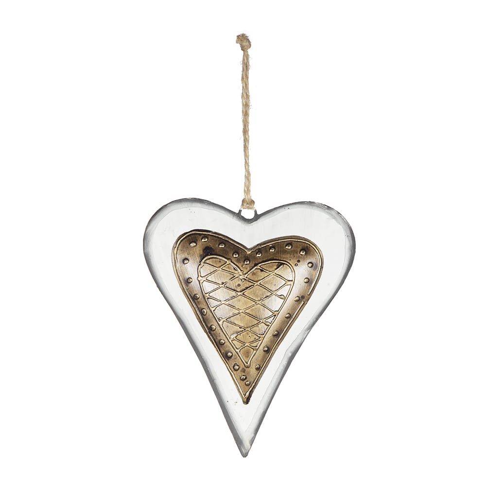 White and gold metal heart-shaped hanging ornament with embossed lattice detail and jute twine