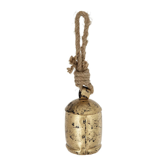 Distressed gold iron bell with rustic jute rope hanging loop, 3x5.5 inch