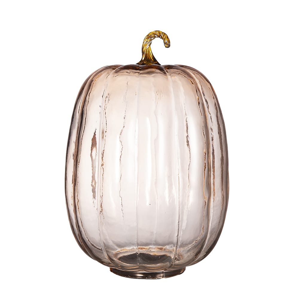Translucent blush champagne glass pumpkin sculpture with gold twisted stem, 8.5x13 inches