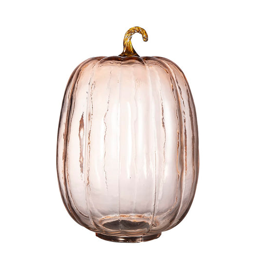Translucent blush champagne glass pumpkin sculpture with gold twisted stem, 8.5x13 inches