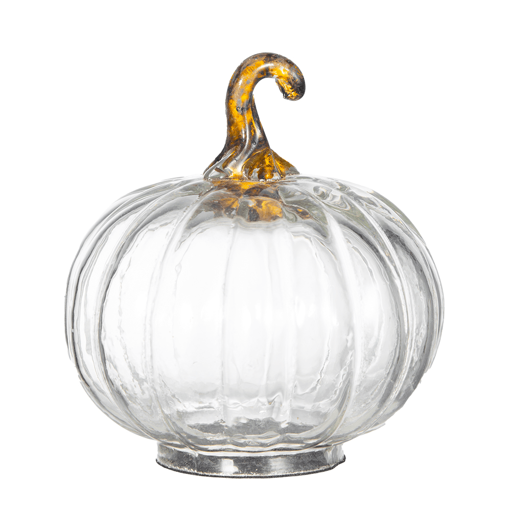 Clear ribbed glass pumpkin decoration with curved amber and dark stem, silver base