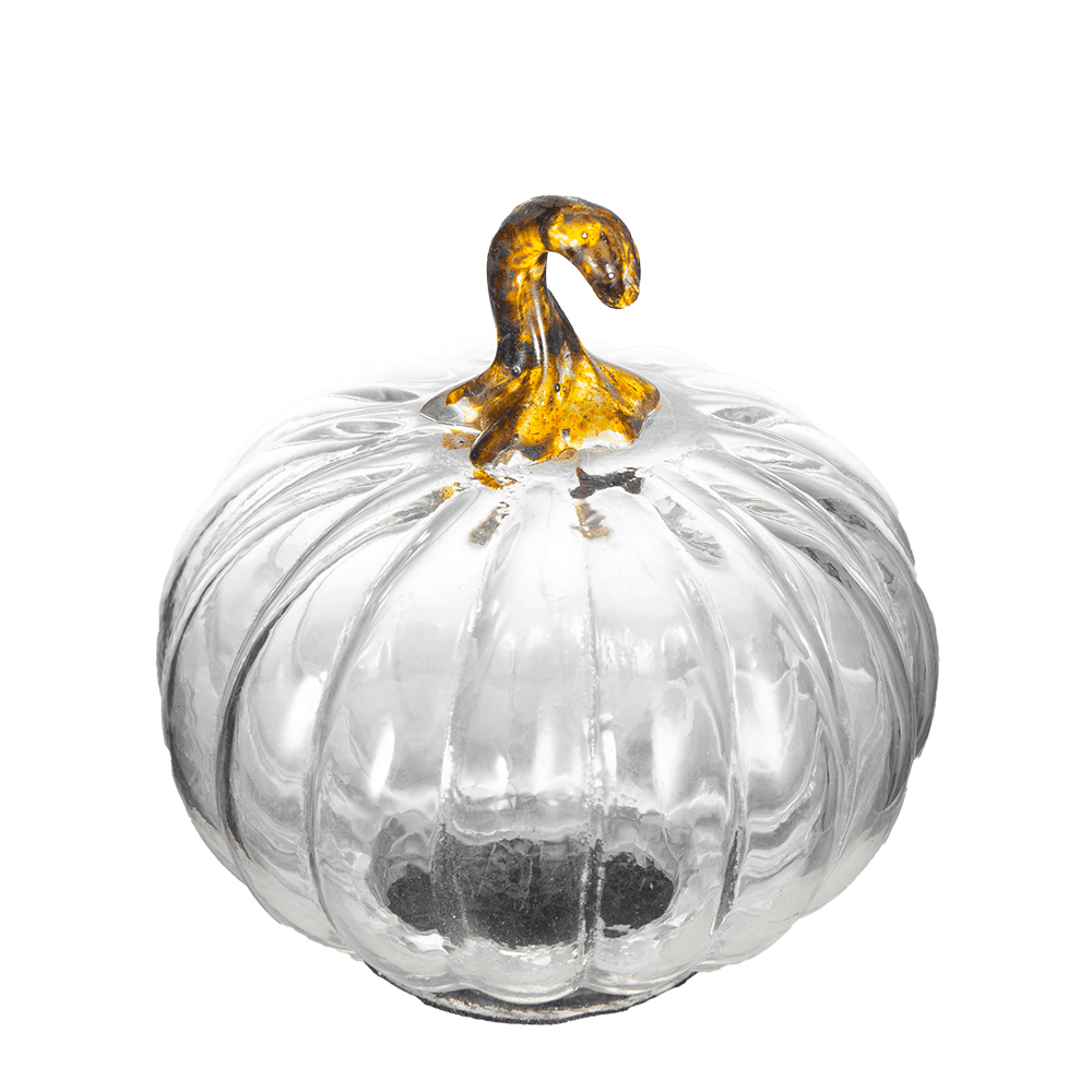 Clear glass pumpkin figurine with amber and dark brown curved stem