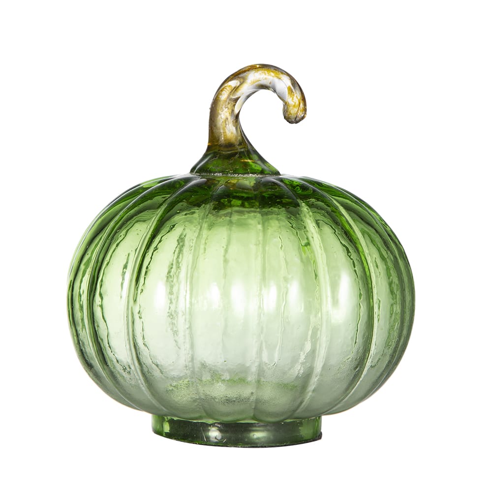 Handcrafted green translucent glass pumpkin with curved stem, ribbed texture, 4x5 inches