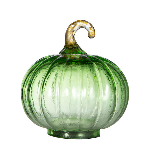 Handcrafted green translucent glass pumpkin with curved stem, ribbed texture, 4x5 inches