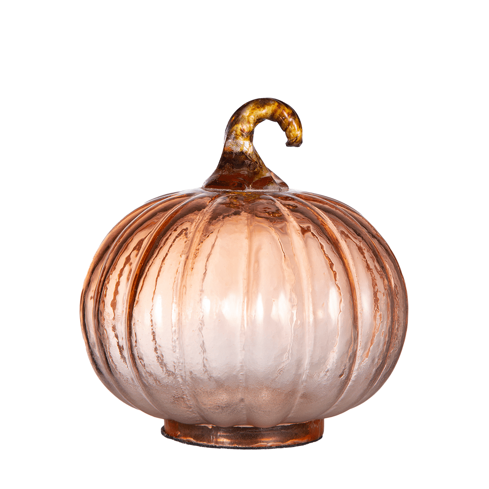 Copper rose glass pumpkin decoration with curved stem, ribbed texture, 4x5 inches