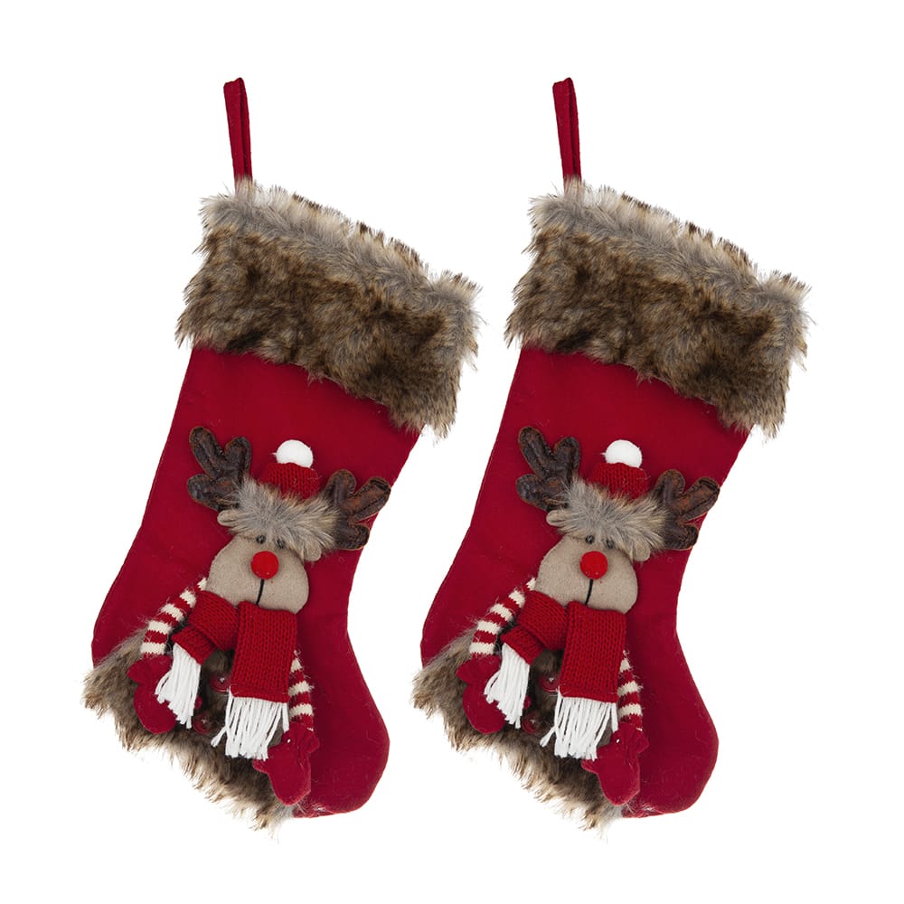Pair of red Christmas stockings with faux fur cuff and 3D reindeer appliqué