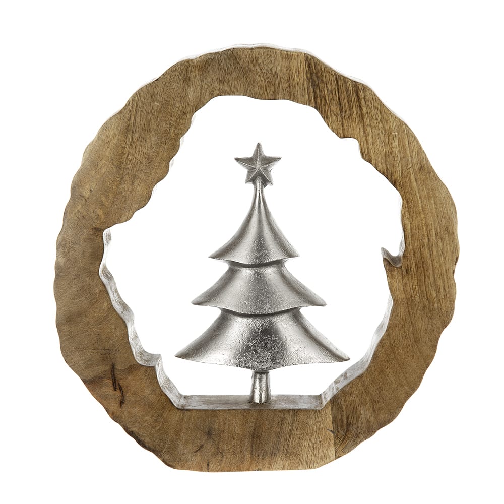 Round natural wood ring with silver aluminum Christmas tree sculpture and star topper