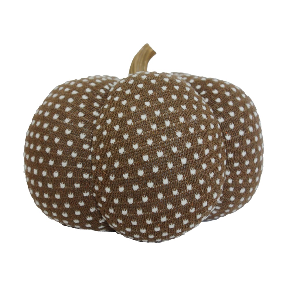 Brown knit fabric decorative pumpkin with white polka dot pattern and tan stem