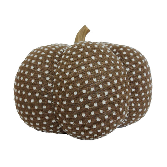Brown knit fabric decorative pumpkin with white polka dot pattern and tan stem