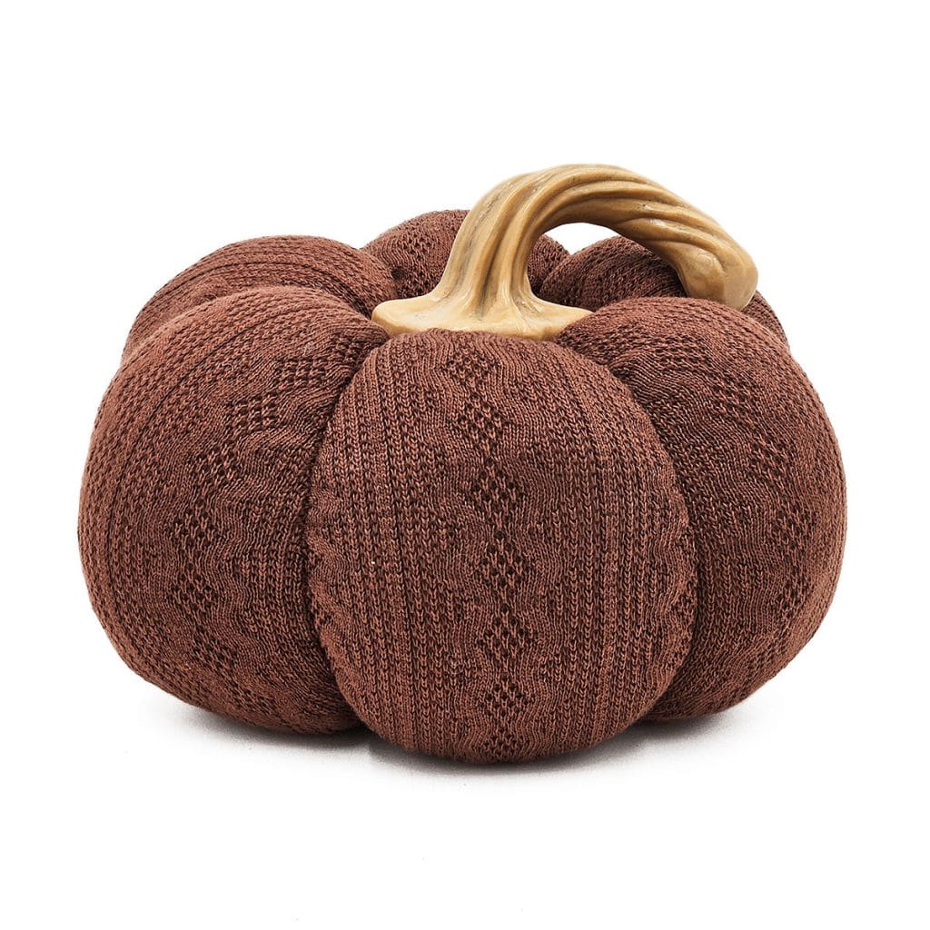 Brown knit fabric pumpkin decoration with tan resin stem, 8.3 inches wide