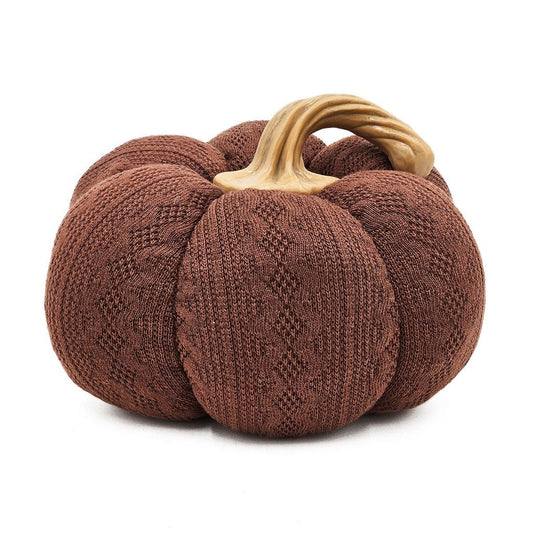 Brown knit fabric pumpkin decoration with tan resin stem, 8.3 inches wide