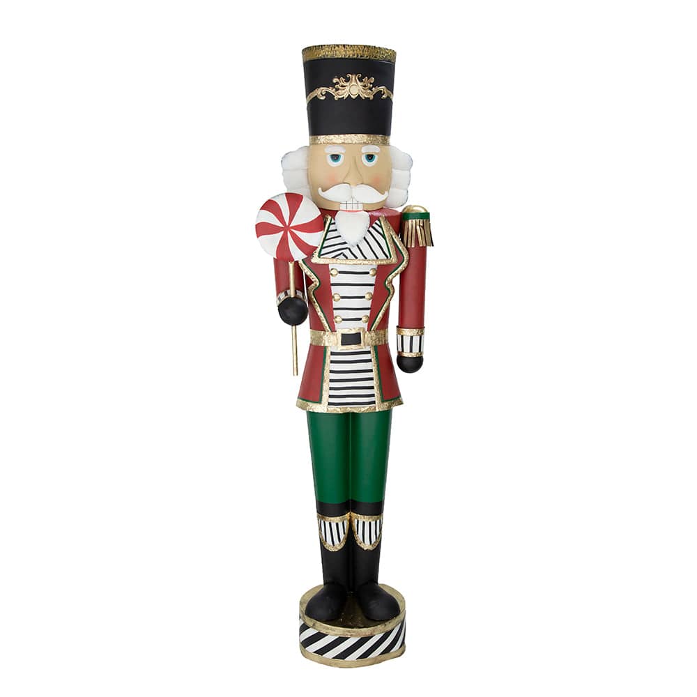 Nearly 7-foot wooden nutcracker figurine in red, green, black, and gold holding peppermint candy