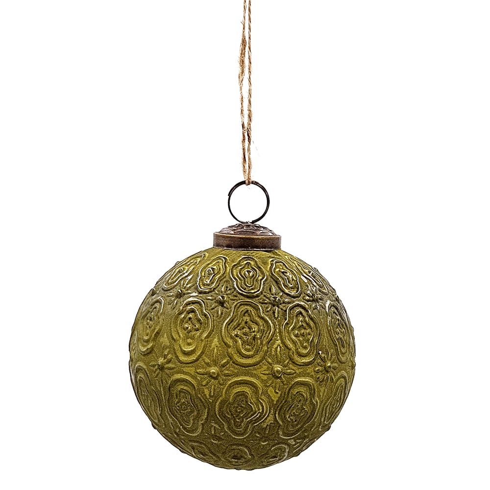 Round embossed ball ornament in olive green with floral medallion pattern, hanging by jute twine