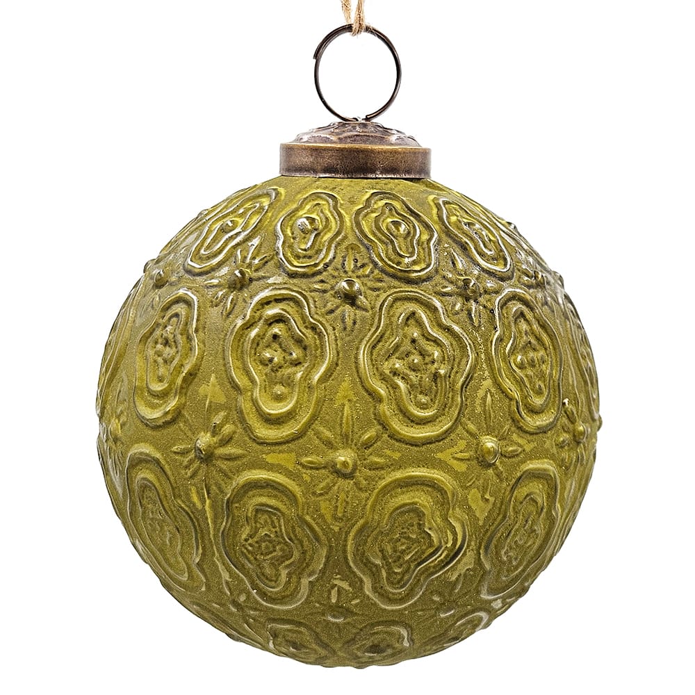 Round embossed glass ball ornament in olive green with ornate medallion pattern and brass metal cap