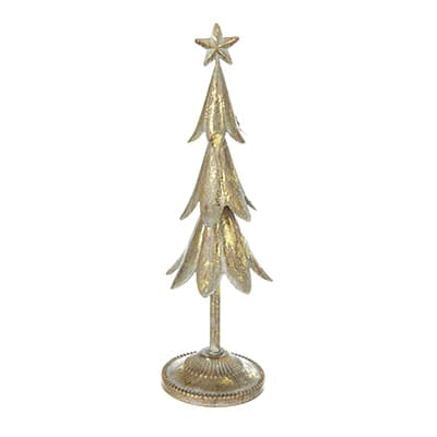 Gold metallic iron Christmas tree sculpture with star topper on round base