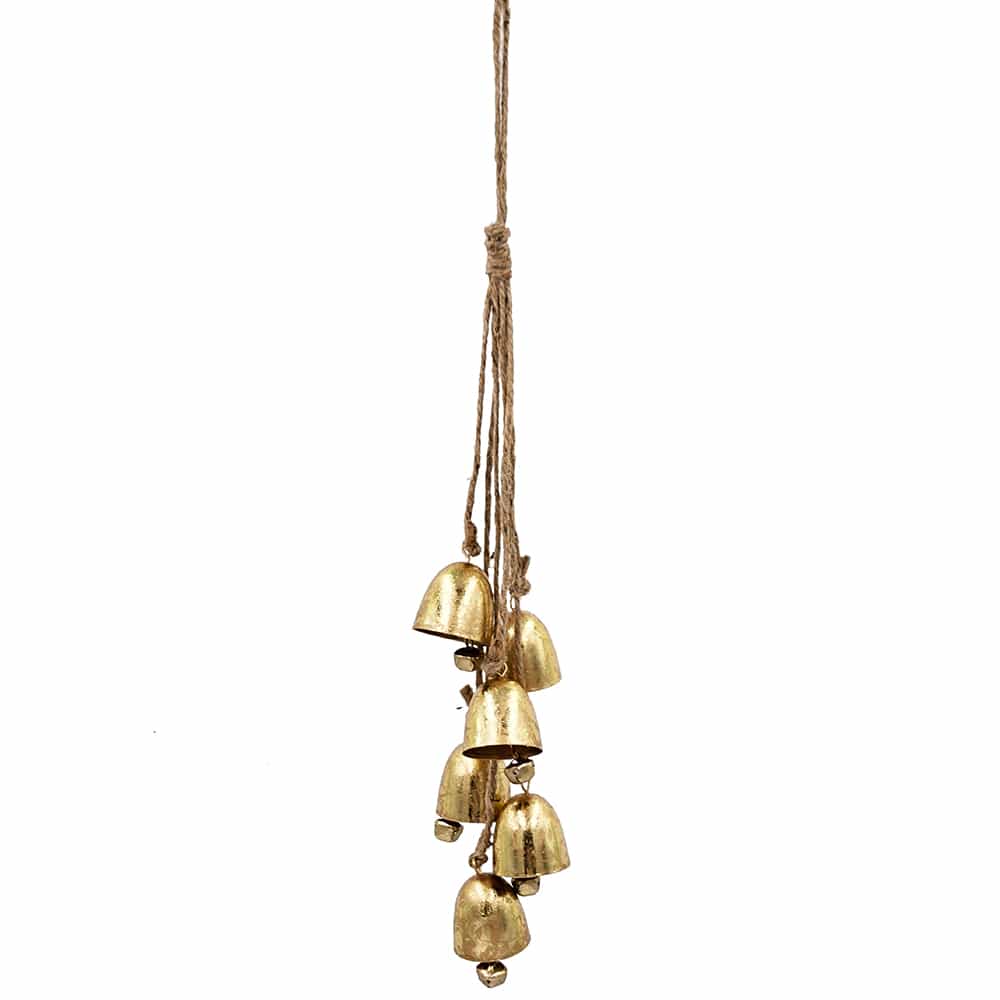 Gold iron bell garland with jute rope, cascading cluster of rustic brass bells