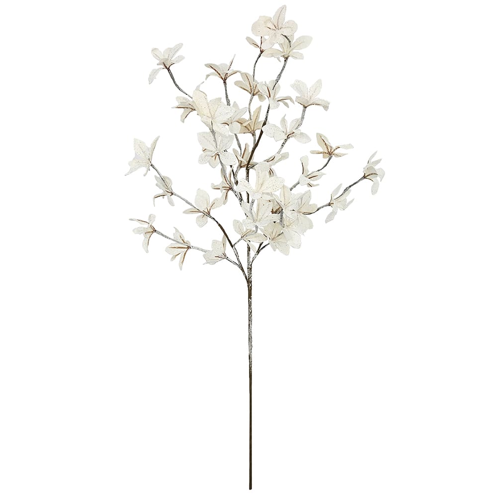 Artificial ivory magnolia flower spray branch with glittered stems, 31 inches tall