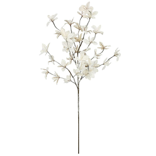 Artificial ivory magnolia flower spray branch with glittered stems, 31 inches tall