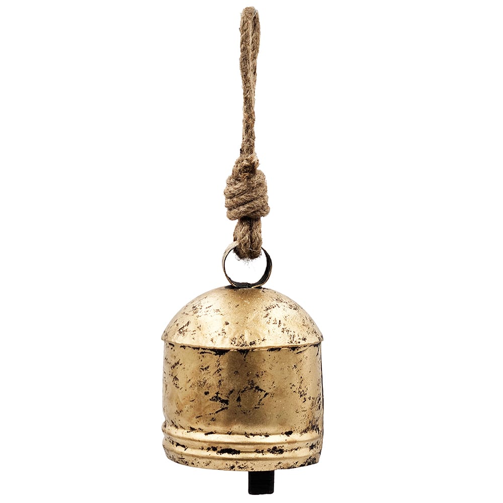 Distressed gold iron hanging bell with rustic jute rope, 5.5x7.5 inches