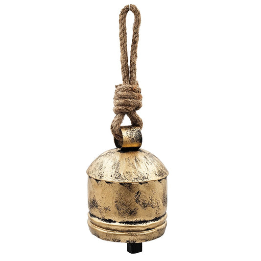 Small antique gold iron bell with weathered patina and braided jute rope hanger