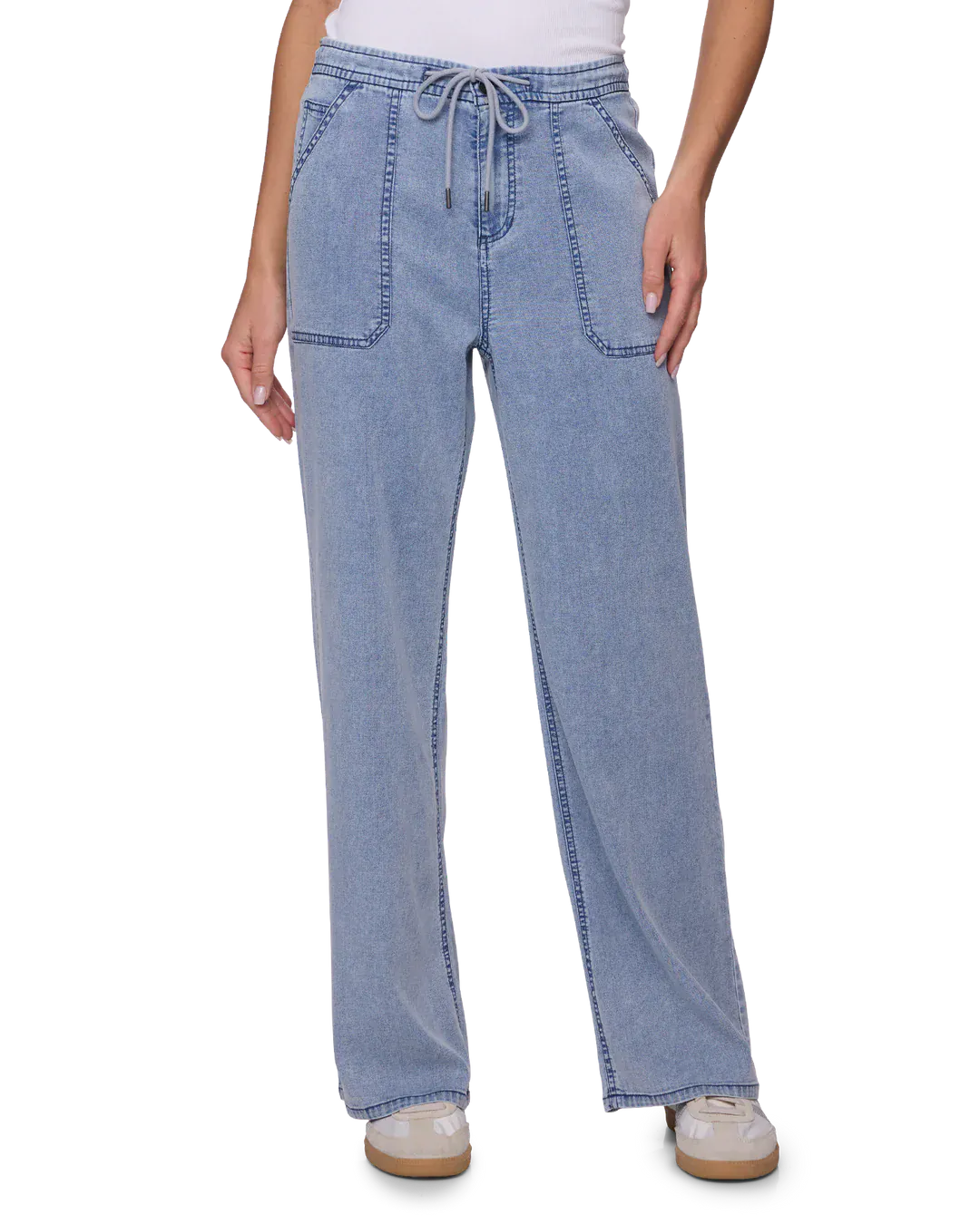 Light blue wide leg denim pants with drawstring waist and front patch pockets