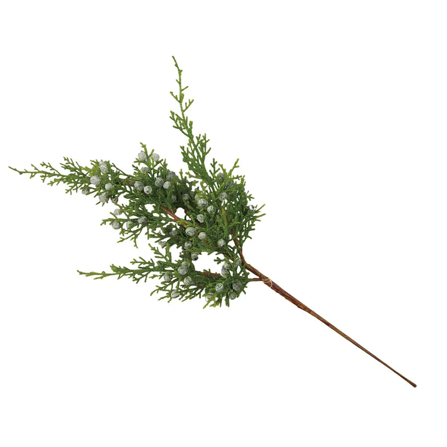 Artificial juniper spray with blue-green needles and frosted berries on a brown stem