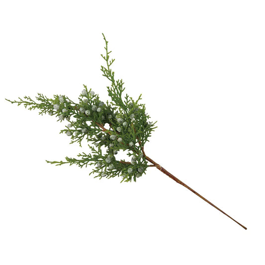 Artificial juniper spray with blue-green needles and frosted berries on a brown stem