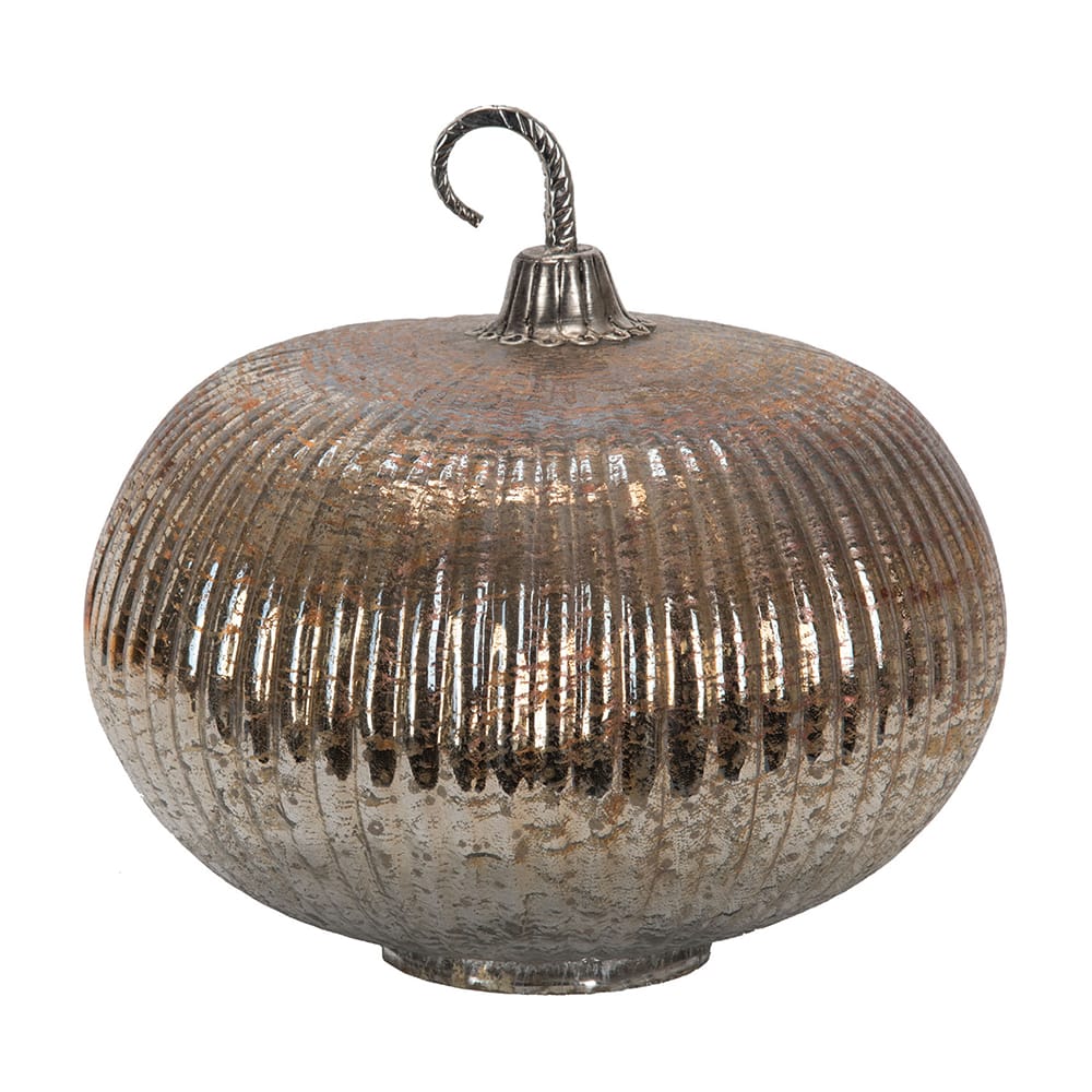 Mercury glass pumpkin decoration with ribbed texture and twisted metal stem, bronze tones