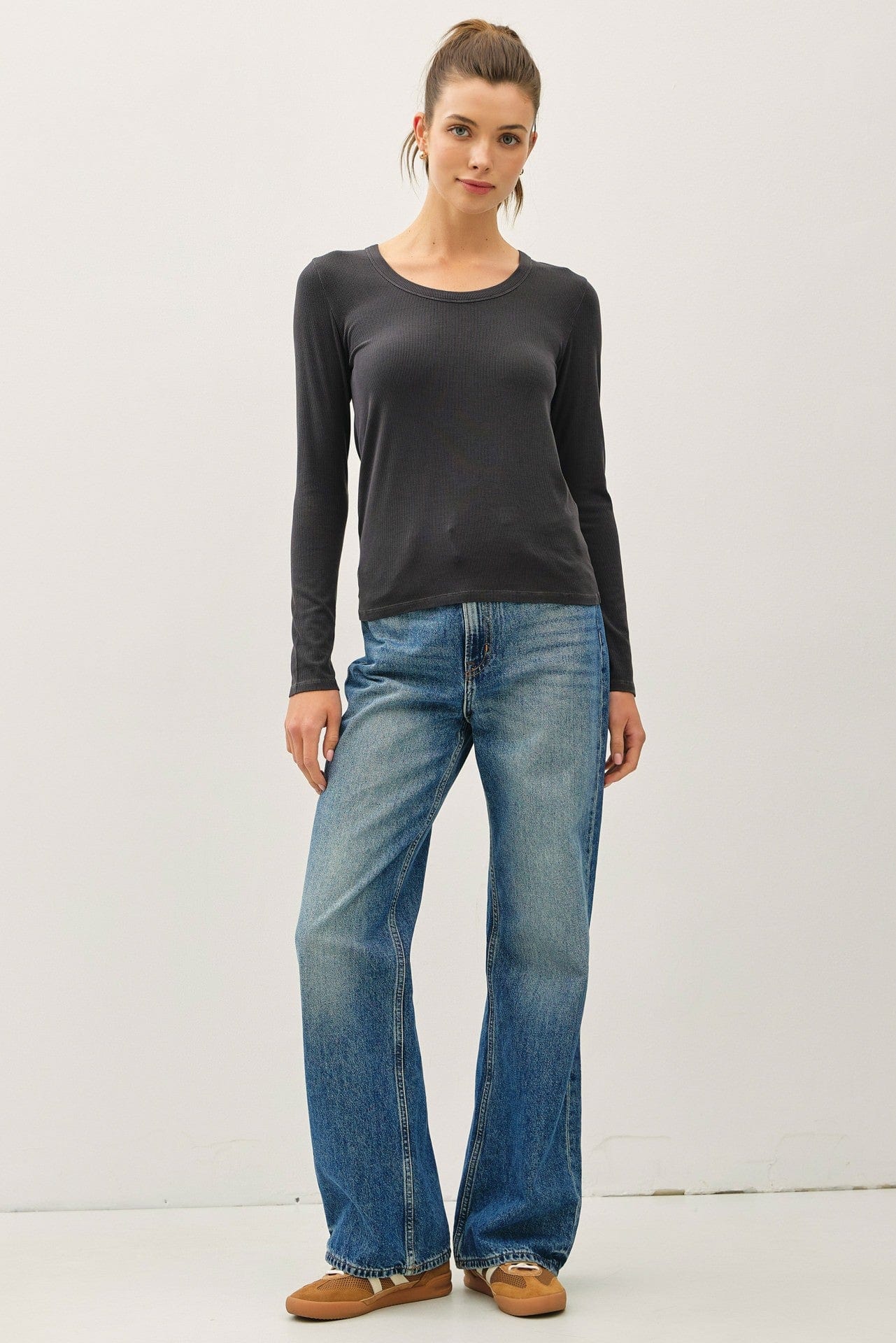 Garment Washed Basic Scoop Neck Ribbed Tee