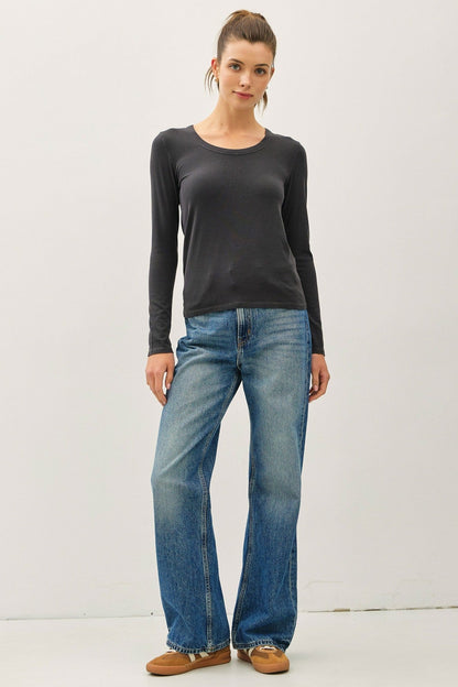 Garment Washed Basic Scoop Neck Ribbed Tee